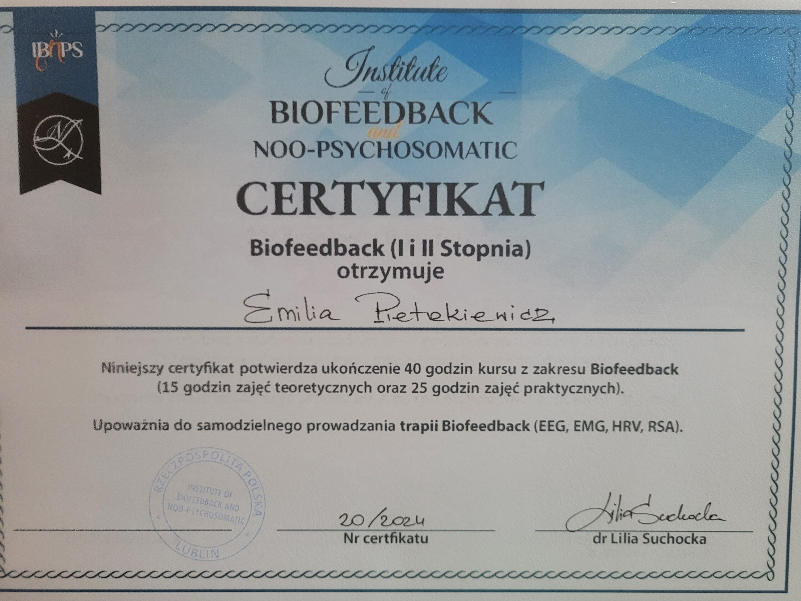 Potwierdzenie kwalifikacji terapia biofeedback